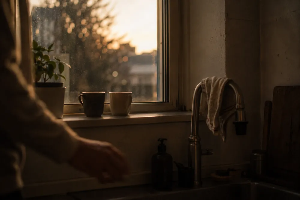 Due tazze sul davanzale di una cucina alla luce del tramonto